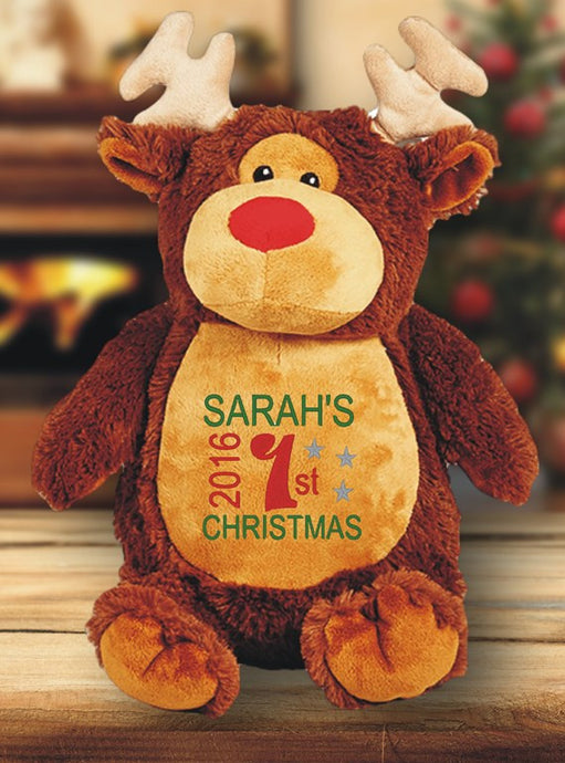 First christmas with rudolf teddy bear with child's name embroidered on the tummy.