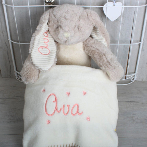 Personalised Bunny Teddy and Blanket with Baby's Name